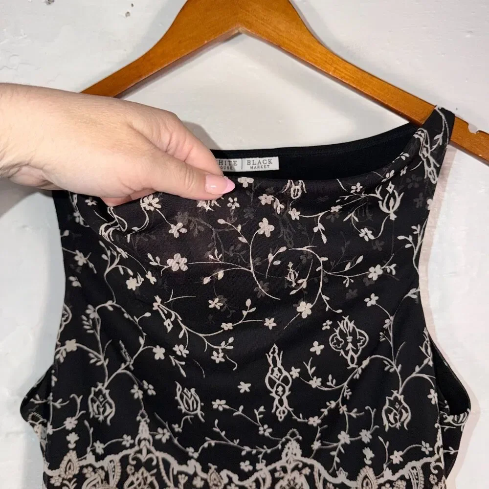 Y2K White House Black Market Cowl Neck Top Blouse Tank Black Mesh Floral - Picture 4 of 7